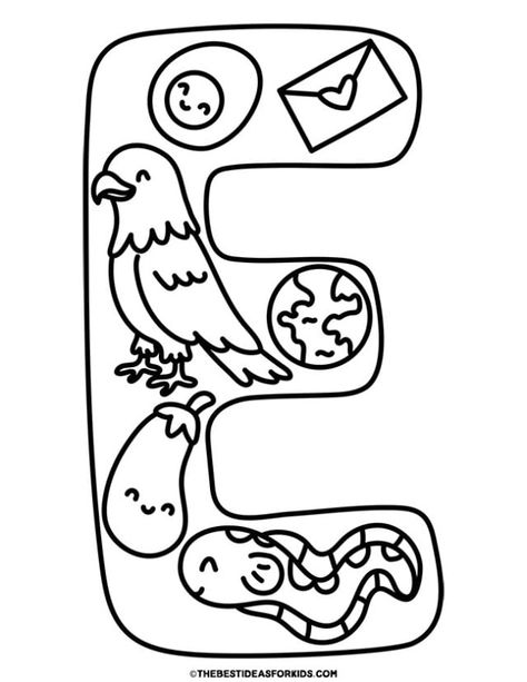 letter E design coloring page E Is For Earth, Letter E Coloring Page, E Is For Egg, Letter E Design, Structured Play, Letter E Craft, E Is For Elephant, Year Challenge, Free Printables Organization