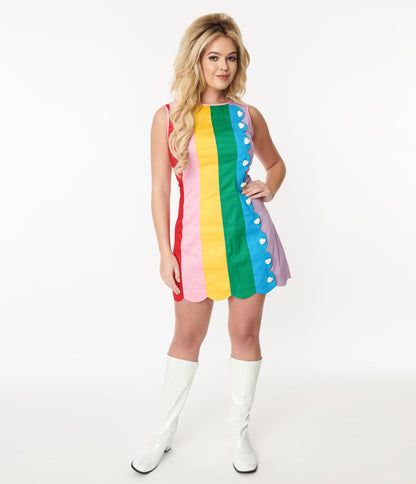 Smak Parlour 1960s Rainbow Stripe Scallop Mini Dress 60s Inspired Fashion, 80s Inspired Outfits, 1960s Inspired, 70s Inspired Fashion, Rainbow Fashion, Rainbow Dress, Silhouette Crafts, 1960s Fashion, Fashion Costume