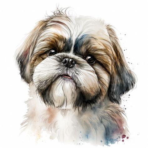 Watercolor Shih Tzu, Poppy Reference, Shih Tzu Painting, Watercolor Pets, Animal Sketching, Dog Digital Art, Dog Watercolor Painting, Chien Shih Tzu, Dog Portraits Painting