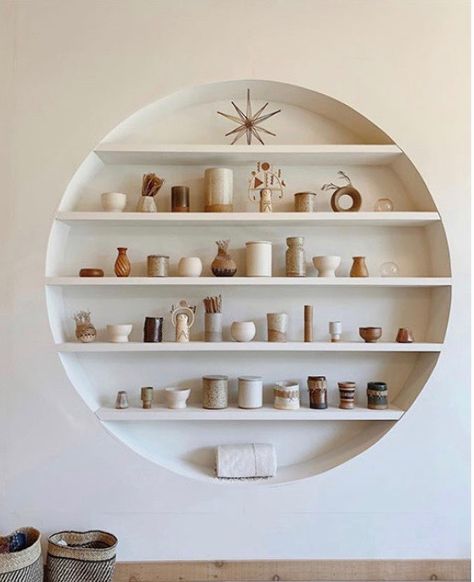 Perfect circle built in shelving. Awesome! Arched Wall Niche, Circle Wall Shelf, Built In Wall Shelves, Houston Murals, Ready Made Kitchen Cabinets, Niche Shelves, Built In Shelving, Zebra Curtains, Circle Shelf