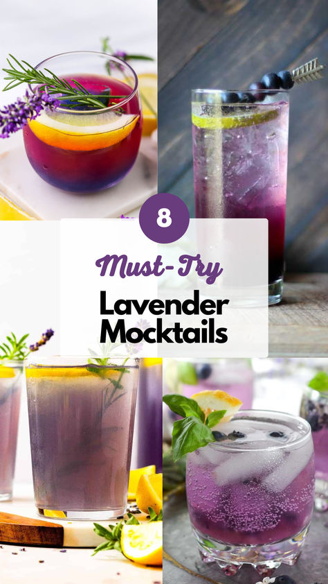 Lavender Mocktails Mocktails For Tea Party, Lavender Punch Recipe, Boho Mocktails, Fancy Mocktail, Calming Drinks, Mocktails Non Alcoholic Spring, Spritzers Non Alcoholic, Lavender Syrup Drinks, Wedding Mocktails Non Alcoholic