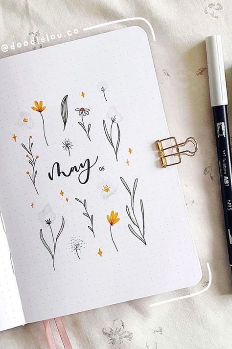 May Bujo Cover, Bujo May, Flower Doodles Easy, Easy Flower Doodles, May Bujo, Bullet Journal May, Doodles Easy, Bujo Cover, May Bullet Journal