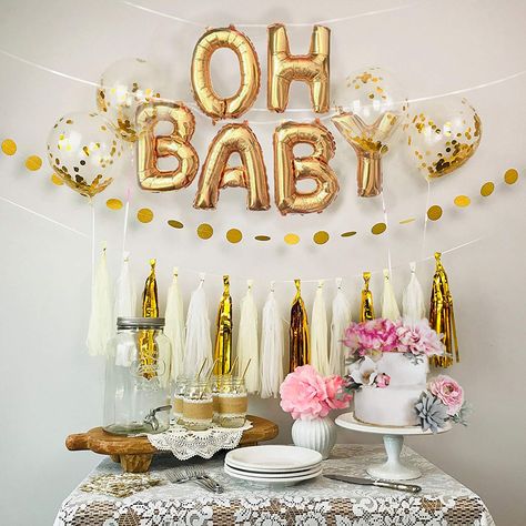 Baby Reveal Party Decorations, Balloon Tassel Garland, Dot Garland, Paper Tassels, Tissue Tassel Garland, Gold Letter Balloons, Confetti Gender Reveal, Balloon Tassel, Baby Reveal Party