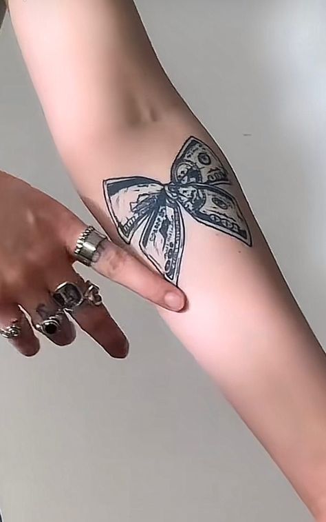 Money Bow Tattoo, Spoiled Tattoo, Money Butterfly Tattoo, Money Tattoo Designs, Lv Tattoo, Bow Tie Tattoo, Trap Tattoos For Women, Minimalistic Tattoo Ideas, Minimalistic Tattoo