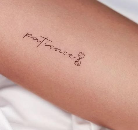 Patience Minimalist Tattoo, Patience Tattoos For Women, Patience Wrist Tattoo, Patience Tattoo Ideas Symbols, Amor Tattoo Fonts Words, Patience Tattoos, Patience Tattoo Ideas, Tattoo Words Design, Aya Core