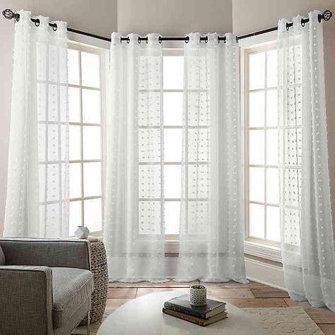 Bay Window Living Room, Bay Window Curtains, Window Treatments Living Room, Bow Window, Curtains Living, Living Room Windows, Curtain Decor, Front Room, Curtain Panels