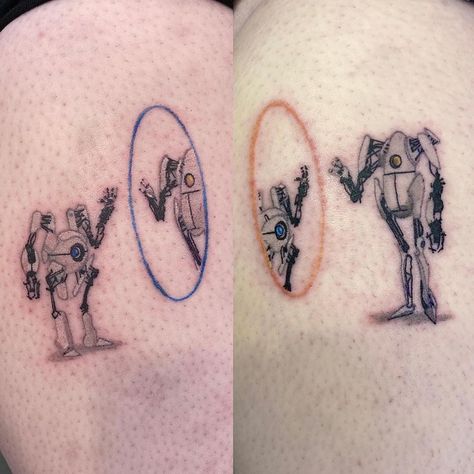 Atlas And P Body Portal Art, Portal 2 Tattoo Ideas, Atlas And P Body Portal, Portal 2 Atlas And P-body Art, Subnautica Tattoo Ideas, Portal Game Tattoo Ideas, Wii Controller Sibling Tattoo, Horizon Game Tattoo, Gaming Matching Tattoos