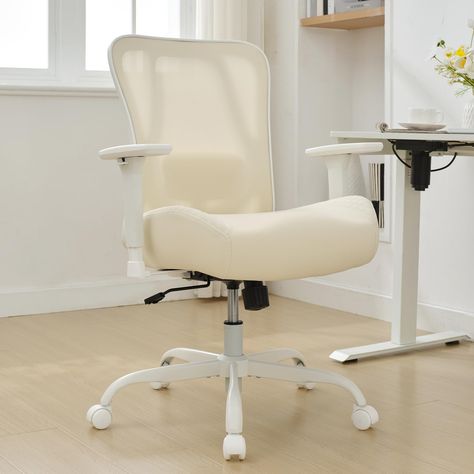 PRICES MAY VARY. 【Memory Sponge Oversized Seat】In line with the physical characteristics of adults, this memory sponge seat cushion’s U-shaped design is a perfect fit for the curve of the hip. With 6’’ thick and 22.8’’ width larger seat, Okeysen white wide seat office chair provide extreme softness and can effectively relieve back and lumbar pain by sitting for long periods. 【500LBS Capacity】Employ thickened steel tray mechanism and strengthened metal star base, this heavy duty office chair load White Ergonomic Office Chair, Cute Comfy Office Chair, Beige Office Chair, Home Office Necessities, Rolly Chairs, Aesthetic Chairs For Desk, Boho Desk Chair, Study Chair Design, Desk Chairs For Bedroom