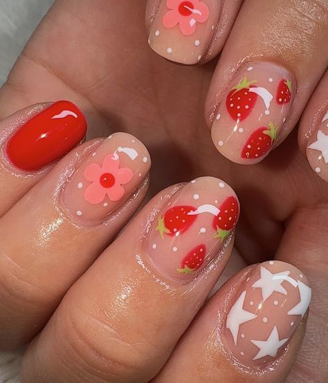 how cute are these strawberry nails?! 🍓 mix & match nails are my favourites! gel fill w/ hand painted nail art <3 @stellar_gel - stellar bond - hard structure gel natural - stellar white - stellar shine top @dndgel - dnd 879 sunset suede - dnd 997 corduroy cactus #strawberry #strawberries #strawberrynails #strawberrynailart #strawberrynail #mixandmatch #mixandmatchnails #mixandmatchnailart #cutenails #funnails #funsummernails #funspringnails #stellargel #dndgel #nailpromagazine #nailsma... Strawberry Nails Acrylic Short, Short Gel Nails Strawberry, Nails Strawberry Shortcake, Strawberry Gel Nails, Strawberry Gel X Nails, Strawberry Shortcake Nails, Mushroom Nails, Strawberry Nail Art, Match Nails