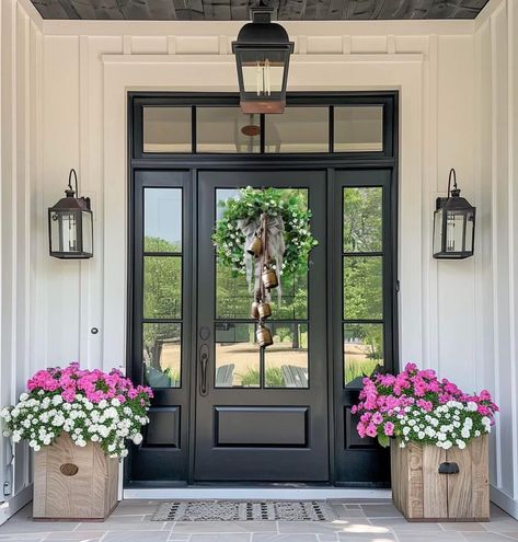 Colonial Front Door, White Picket Fence Ideas, Outside Paint Colors, Picket Fence Ideas, Front Door Transformation, Beautiful Entrance, Double Door Entrance, Double Doors Exterior, Outside Paint