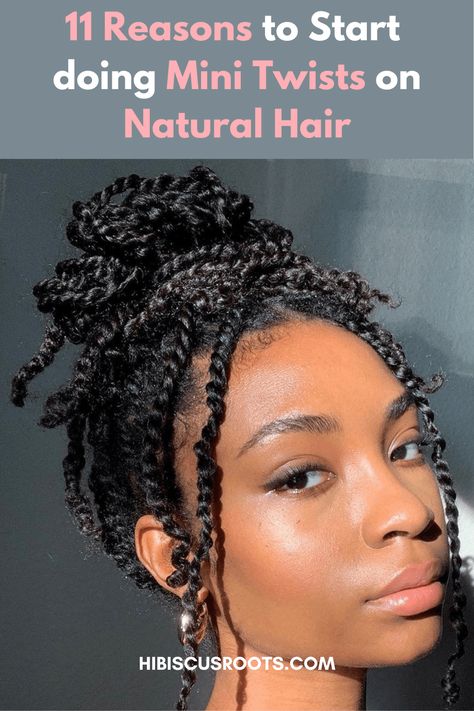 How to do mini twists on natural hair. Whether your natural hair is long, short, medium, 4c, or 4b. Learn everything you need to grow long 4c hair with simple mini twists. It's one of the super easy natural hairstyles especially for back to school! Very versatile and great for working out with natural hair! #minitwists #4chairgrowth #4chairstyles. via @hibiscusroots Twist For Natural Hair Protective Styles, Two Twists On Natural Hair, Protective Hairstyles For Natural Hair Twists, Natural Hairstyles That Last Long, Protective Twists For Natural Hair, Easy Twist Out Natural Hair, Single Braids Natural Hair No Weave, 4c Hair Mini Twists, How To Style Twist Out Natural Hair