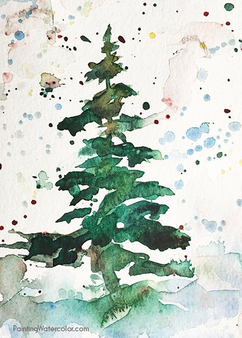 Christmas Card tree watercolor painting tutorial Watercolor Christmas Card, Tree Watercolor Painting, Card Watercolor, Watercolor Christmas Cards, Art Carte, Christmas Tree Cards, 수채화 그림, Watercolor Paintings Tutorials, Watercolor Christmas