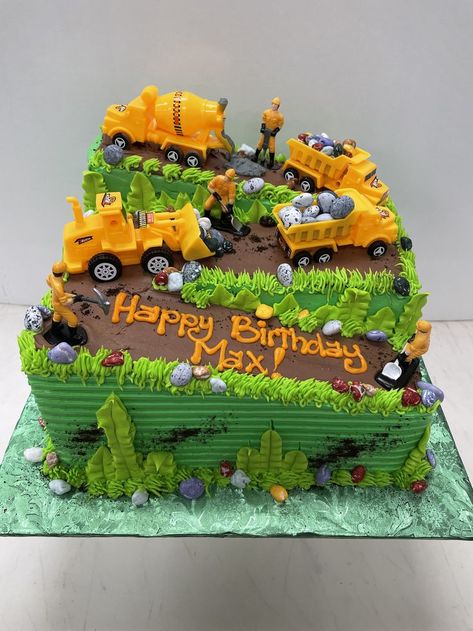 Truck Cake Design, Construction Truck Cake, Truck Cake Ideas, Construction Themed Cake, Lexington Massachusetts, Construction Birthday Cake, Edible Grass, People At Work, Chocolate Rocks