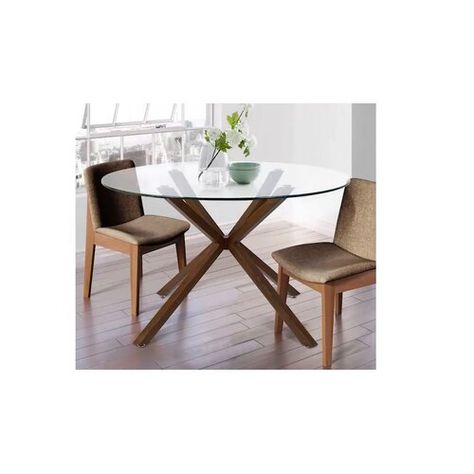 This table is such a modern mid-century look. Clean, simple, timeless. The legs are crafted from steel in a warm walnut texture finish. The sculptural legs of this table are topped with transparent tempered glass, allowing the beauty of the construction to be exposed. | Corrigan Studio® 39" Glass Round Dining Table, Walnut Legs Glass / Metal in Brown / Gray, Size 30.0 H x 39.0 W x 39.0 D in | Wayfair Walnut Texture, Dining Table Walnut, Metal Base Dining Table, Round Dining Table Modern, Glass Round Dining Table, Glass Top Dining Table, Walnut Table, Pedestal Dining Table, Glass Dining Table