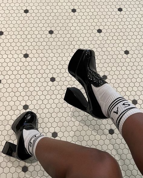 Pretty Heels Aesthetic, Chunky Heels With Socks, Heels And Socks Outfit, Heels And Socks, Loafer Heels, Shoes And Socks, Mode Shoes, Shoes Heels Classy, Funky Shoes