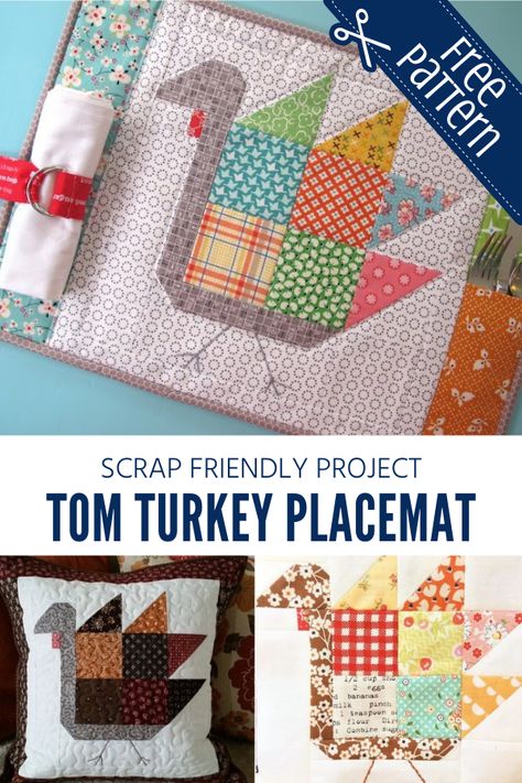 Tom Turkey Placemat and Quilt Block - Sewing With Scraps Turkey Placemat, Sewing With Scraps, Folded Star, Fall Quilt Patterns, Diy Placemats, Thanksgiving Placemats, Tom Turkey, Thanksgiving Projects, Jelly Roll Quilt Patterns