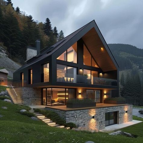 Home Built Into Hillside, Modern Mountain House Exterior, Red Bathroom Ideas, Red Bathrooms, Bathroom Ideas 2024, Mountain Dream Homes, Modern Mountain House, Lake Houses Exterior, Modern Remodel