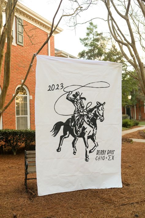 Sorority Semi Formal Decorations, Wild West Bid Day, Western Banner Ideas, Sigma Chi Derby Days Banner, Sorority Sheet Banners, Derby Days Banner, Parents Weekend Banner, Sorority Branding, Sorority Banner Ideas