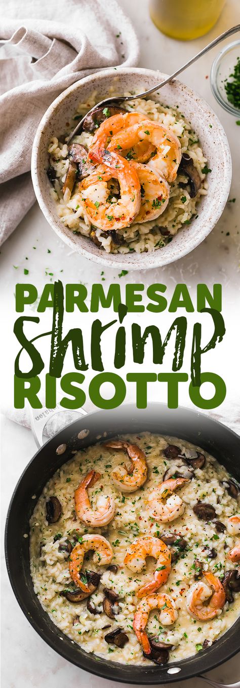 Mushroom Parmesan Shrimp Risotto - Learn how to make shrimp risotto at home with ease! Loaded with sautéed mushrooms, shrimp and tons of garlic! #shrimprisotto #mushroomrisotto #parmesanrisotto #homemaderisotto | Littlespicejar.com Mushroom Parmesan, Parmesan Shrimp, Shrimp Parmesan, Shrimp Risotto, Planning A Party, How To Make Shrimp, Parmesan Risotto, Sautéed Mushrooms, Seafood Platter