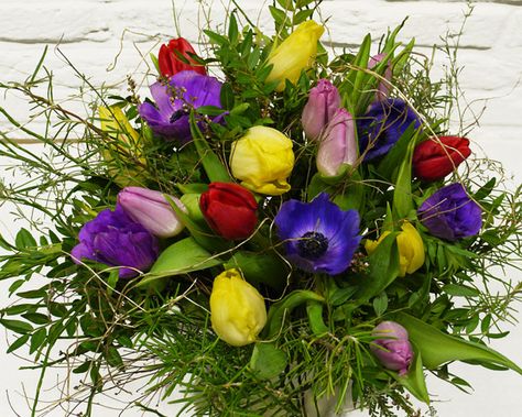 bunter #Frühlingsstrauß mit Tulpen und Anemonen, #Floristik aus #Kiel Spring Tulips, Anemone, Tulips, Plants, Flowers, Pins