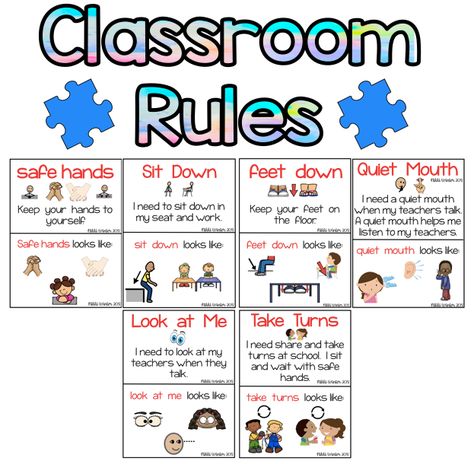 We have simple classroom rules that each student practices and follows throughout the day. We are 1:1 program and I currently have 5 para's in my classroom.  In order for our students to be successful, we all NEED to be on the same page to create structure and consistency. Simple Classroom Rules, Aba Crafts, Social Thinking Curriculum, Preschool Classroom Rules, Classroom Rules Printable, Special Education Lesson Plans, Simple Classroom, Behavior Cards, Daycare Curriculum