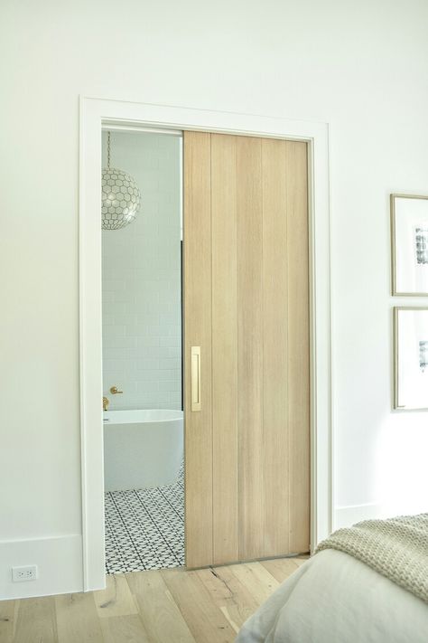 French Barn Doors Interior Bathroom, Door From Bedroom To Bathroom, Door To Bathroom From Bedroom, Bath Doors Ideas, Pocket Door To Bathroom, Master Bath Door Ideas, Modern Pocket Doors Bathroom, Door Bathroom Ideas, White Primary Bedroom