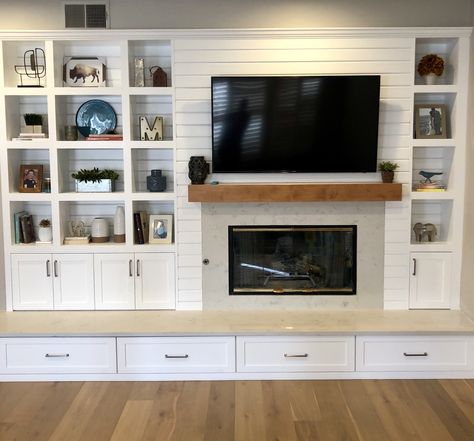 Redesigned entertainment center with shiplap. Turned hearth into drawers. Wall Entertainment Center With Fireplace, Drawers Under Fireplace Hearth, Diy Wall Entertainment Center, Recessed Tv Over Fireplace Shiplap, Diy Entertainment Center With Fireplace, Shiplap Electric Fireplace Wall With Tv Rustic, Built In Entertainment Center Fireplace Shiplap, Built In Entertainment Center With Faux Fireplace, Diy Built In Entertainment Center