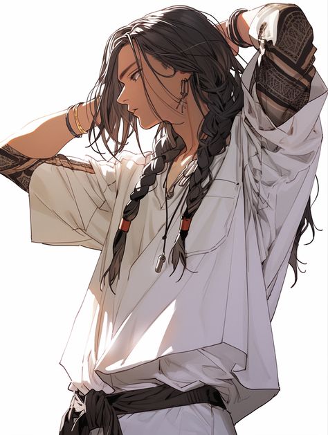 Long Curly Hair Men Man Bun, Native American Male Character Design, Hot Long Haired Anime Men, White Hair Tan Skin Anime Guy, Anime Guy Long Brown Hair, Oc Male Character Design Long Hair, Pretty Anime Men Long Hair, Long Hair Man Character Design, Long Brown Hair Anime Guy