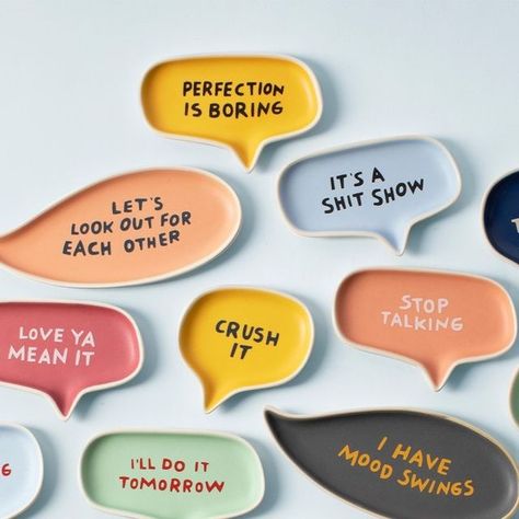 Fringe Studio on Instagram: "With their quirky sayings and cool colors, we are obsessed with these word bubble trays." Message Bubble, Word Bubble, Text Bubble, Tray, Bubbles, Ceramics, Color