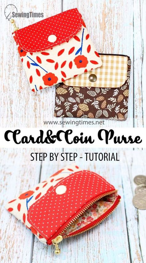 DIY Card & Coin Purse | Small Wallet Coin Pouch Sewing Tutorial [sewingtimes] Card Purse Pattern, Diy Coin Purse Pattern, Card Wallet Tutorial, Quick Sewing Gifts, Diy Coin Purse, Diy Pouch, Coin Purse Pattern, Wallet Sewing Pattern, Coin Purse Tutorial