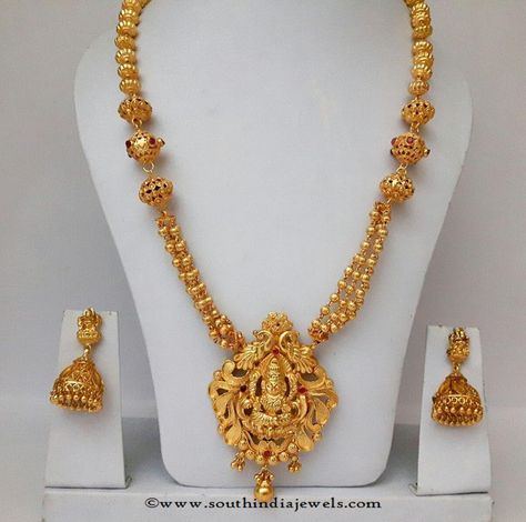 Gold Plated Long Haram with Jhumka Jewellery Necklace Gold, Temple Jewellery Necklace, Jewellery Model, Gold Haram Designs, Haram Designs, Gold Haram, Long Haram, Gold Jewelry Simple Necklace, Gold Necklace Indian Bridal Jewelry