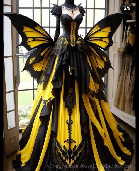 Black And Yellow Butterfly, Fairytale Fashion, Fashion Drawing Dresses, Dress Design Sketches, Fantasy Gowns, Yellow Butterfly, Fairytale Dress, Butterfly Dress, Gothic Dress