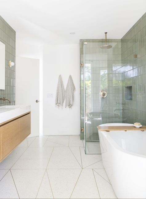 These floors are to die for.  Love everything about it.  Sarah Sherman Samuel: Moore’s Mid-Century Mid Century Modern Flooring, Bathroom Interior Modern, Sarah Sherman, Mid Century Modern Bathroom, Sarah Sherman Samuel, Mid Century Bathroom, Modern Flooring, Fireclay Tile, Mandy Moore