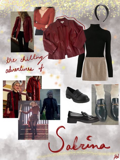 Halloween, costume moodboard, CAOS Chilling Adventures Of Sabrina Costume, Sabrina Spellman Aesthetic 90s, Sabrina The Witch Outfits, Sabrina Spellman Outfit Inspiration, Sabrina Spell Man Outfits, Sabrina The Teenage Witch Costume, Sabrina Spellman Costume, Caos Outfits, Chilling Adventures Of Sabrina Outfits