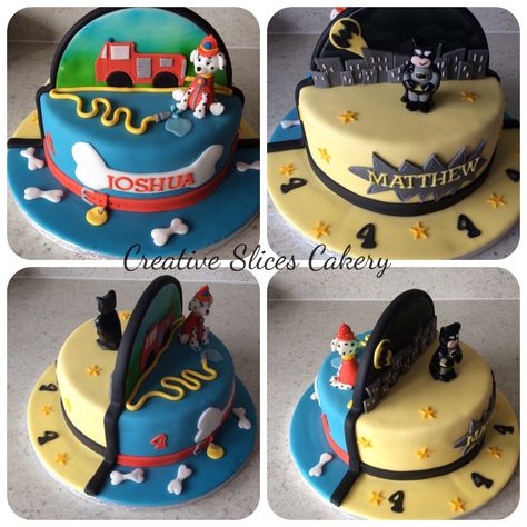 Batman, paw patrol twins birthday cake x Split Cake Design, Batman Birthday Cakes, Video Cake, Twin Birthday Cakes, Split Cake, Twins Cake, Batman Cake, Twins Birthday, Batman Birthday