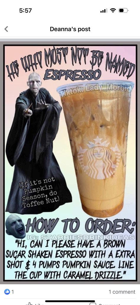 Frappuccino Recipes, Crazy Drinks, Starbucks Halloween Drinks, Starbies Drinks, Harry Potter Drinks, Starbucks Ideas, Copycat Starbucks Drinks, Starbucks Flavors, Starbucks Drink Menu