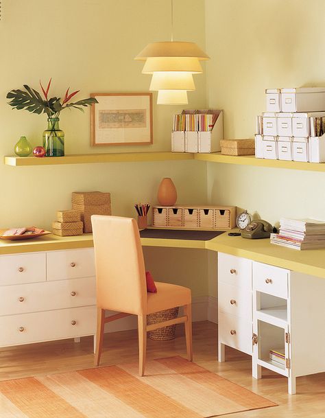 Celadon Green 2028-60 and Oriole Colors  by Benjamin Moore Colors, via Flickr Home Office Paint, Beige Shelves, Office Wall Colors, Unfinished Kitchen Cabinets, Yellow Office, Office Paint Colors, Office Paint, Home Office Colors, Contemporary Home Office