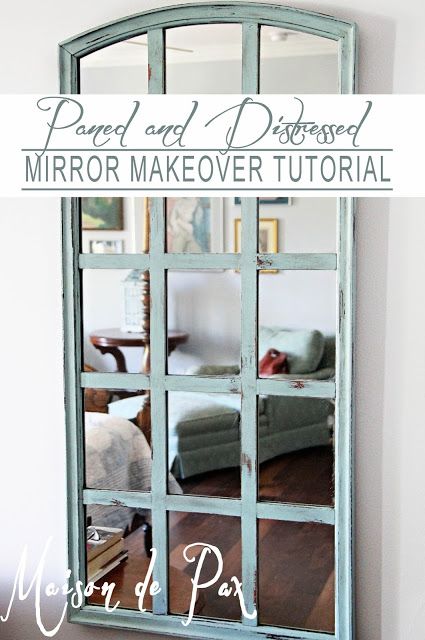 DIY: Plain Mirror Makeover - this blogger added wood slats to a mirror, stained the slats, then painted & distressed the entire mirror. This is an inexpensive way to give new life to a boring mirror! Paned Mirror, Cheap Mirrors, Homemade Chalk Paint, Natural Wood Furniture, Mirror Makeover, Thrifty Diy, Mirror Inspiration, Carved Furniture, Cabinet Makeover