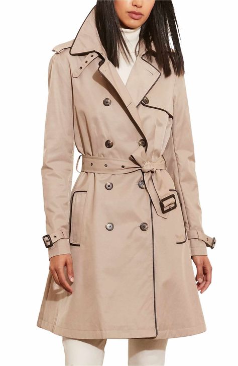 Main Image - Lauren Ralph Lauren Faux Leather Trim Trench Coat (Regular & Petite) Ralph Lauren Coats, Petite Trench Coat, Trench Coat Fall, Fashion Jackson, Classic Trench Coat, Petite Coat, Double Breasted Trench Coat, Pink Coat, Nordstrom Anniversary Sale