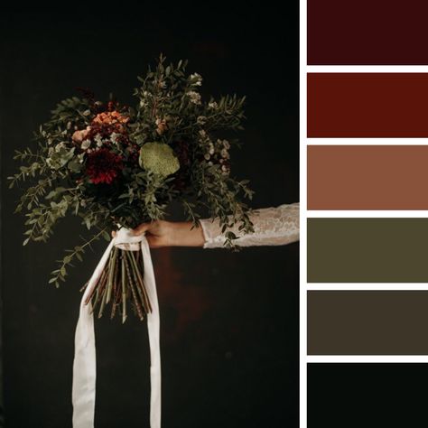 Dark Rustic Wedding Color Schemes, Moody Wedding Colors Palette, Merlot And Green Wedding, Moody Wedding Colour Palettes, Moody Romantic Wedding Palette, Romantic Wedding Colors Fall, Deep Fall Color Palette Wedding, Fall Wedding Color Palette With Black, Emerald Plum And Burgundy Wedding