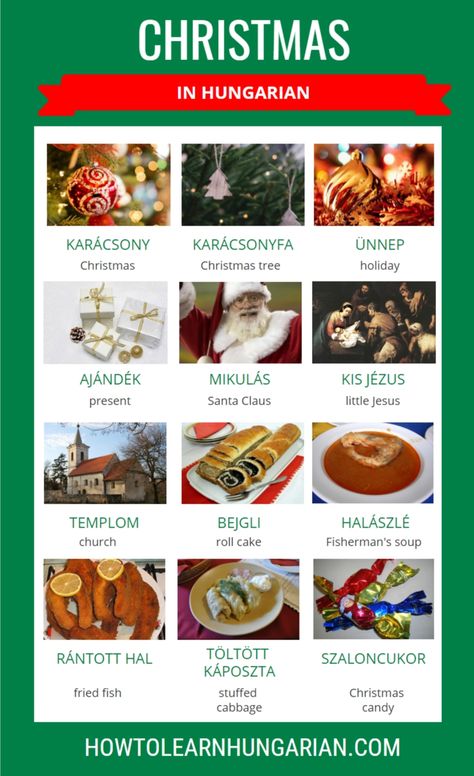 Visual vocabulary for Hungarian words with English translation regarding Christmas. Hungarian Vocabulary, Hungarian Words, Hungarian Traditions, Learn Hungarian, Hungarian Christmas, Learning Hungarian, Hungarian Language, Visual Vocabulary, Vintage Names