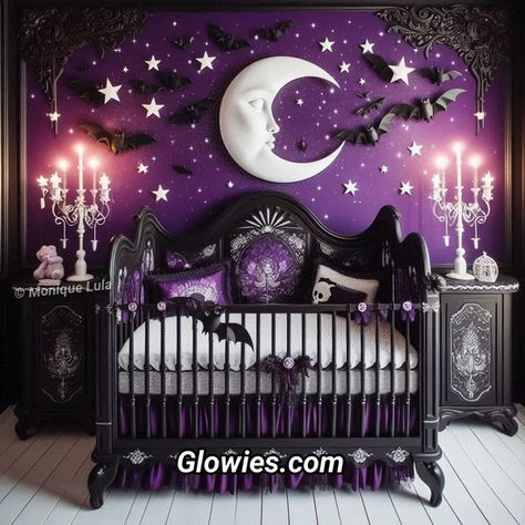 Black And Purple Nursery, Gothic Changing Table, Pagan Nursery Ideas, Pagan Nursery, Whimsigoth Nursery, Spooky Baby Nursery, Witchy Nursery Ideas, Nbc Nursery, Gothic Kids Room