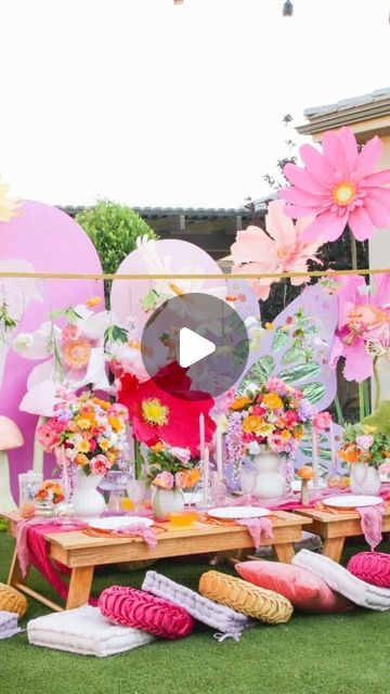 Kim Coffin | Cricut, Sewing, Crafts, & DIY on Instagram: "Set up for a magical garden party with me!✨

I hand made the decor for this party from the giant standing crepe paper flowers to the oversized mushrooms and even the wooden butterflies. 🦋🌸🍄

Follow @sweetredpoppy for more crafting inspiration and tutorials! Don’t forget to save this reel for later!

Check out my previous reels to see how I created all of the decor for this party!" Diy Fairy Birthday Decorations, Fairies Forest, Enchanted Forest Party, Pink Party Theme, Fairy Garden Party, Enchanted Fairies, Crafting Inspiration, Forest Decor, Pink Theme