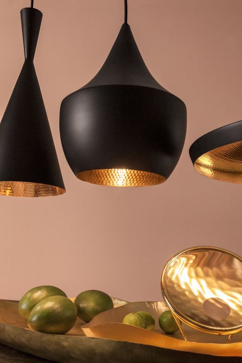 Tom Dixon Lighting, Tom Dixon Beat, Water Vessel, Black Pendant Lamp, Black Lighting, Gold Pendant Lighting, Wall Lamp Design, Pendant Light Design, Golden Light