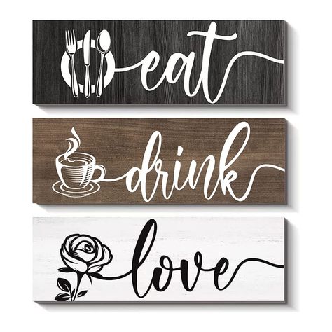 PRICES MAY VARY. 【Kitchen Signs Wall Decor】 rustic kitchen decor, cute farmhouse wall decor, great for dining room, restaurant, living room, bar coffee corner Decoration. 【Premium Materials】This Kitchen wall decor sign is made of wood, light wight but strong, the printing is very clear and highly restored colors on wood. The rustic kitchen sign can be decorated for a long time. 【Perfect Size】Each Wooden sign measures 13.7" x 4.7" x 0.3", 3 panles in total. Perfect size for catching your eyes whi Kitchen Words Decor, Kitchen Sign Ideas, Diy Kitchen Wall Decor Ideas, Kitchen Signs Diy, Kitchen Sign Diy, Dinning Room Wall Art, Kitchen Decor Frames, Coffee Kitchen Decor, Kitchen Wall Art Set