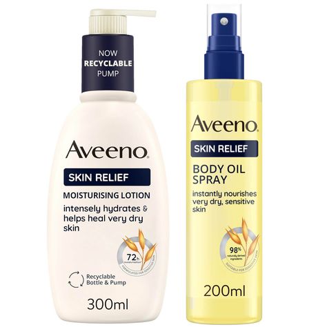 Granting non-greasy moisture, the Aveeno Skin Relief Moisturising Duo hydrates and nourishes dry skin to protect from feelings of dryness and irritation.    Set Contents:  Skin Relief Body Oil Spray 200ml This fast-absorbing formula helps to deeply hydrate and nourish your skin. Infused with jojoba and oat oils, rich in fatty acids and lipids, the body oil protects the skin’s moisture barrier while supporting a smooth, supple look.  Skin Relief Nourishing Lotion Shea Butter 300ml Fortified with Aveeno Skin Relief, Tanning Moisturizer, Body Oil Spray, Shea Butter Lotion, Hair Color Shampoo, Skin Care Range, Exfoliate Face, Moisturizing Lotions, Natural Deodorant