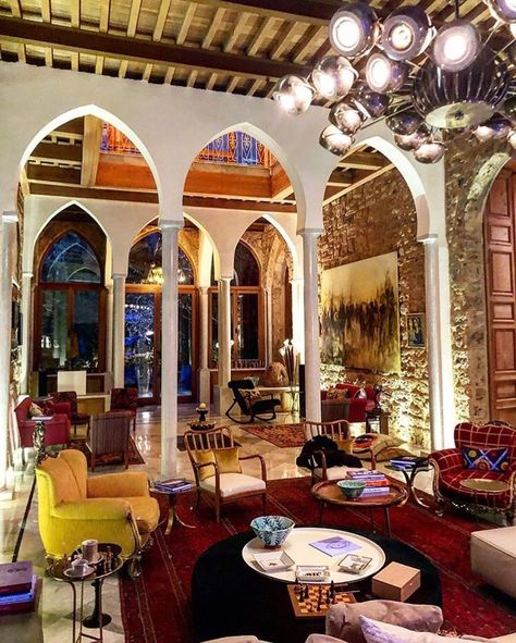 MATTEO EL KHODR (@matteoelkhodr) on Instagram: “Chez les Debs. Gemmayzeh. By @nagimorkos - - #beirutbymatteo #beirut #instahome…” Lebanese House Interior, Lebanese House Architecture, Hotel Albergo Beirut, Traditional Lebanese Architecture, Modern Italian Farmhouse, Old Lebanese Houses Interior, Arabian Decor, Middle Eastern Restaurant, Italian Farmhouse