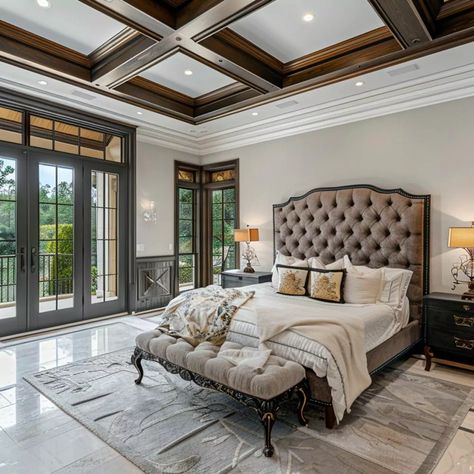 Luxurious Bedrooms Coffered Ceiling Master Suite, Coffered Ceiling Bedroom Master Suite, Bedroom Coffered Ceiling, Luxury False Ceiling Designs, Coffered Ceiling Bedroom, Ornate Headboard, Wood Coffered Ceiling, Atlanta Mansions, Tiled Flooring