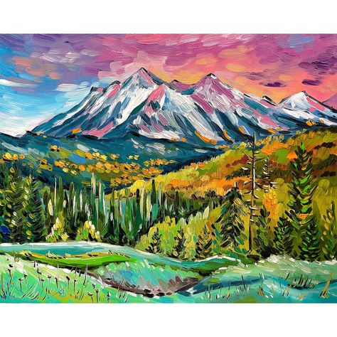 Rocky Mountain National Park Print From Original Oil Painting - Etsy Canada Pop Art Mountain Painting, Colorful Mountain Art, Colorado Mountains Painting, Rocky Mountain Painting, Pnw Painting, Colorful Mountain Painting, Mountain Range Painting, Painting Denim, Wilderness Decor