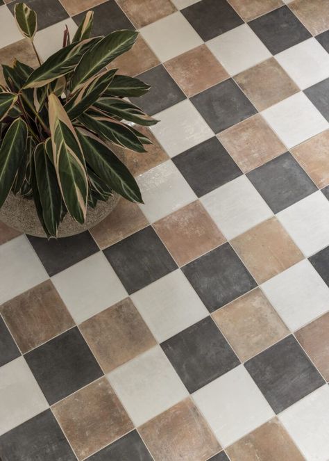 Traditional Tiles Bathroom, Bedrosians Bathroom Tile, Plaid Tile Floor Bathroom, Brown Checkered Tile Floor, Check Floor Tiles, Fun Tile Patterns, Fun Mudroom Tile, Terracotta Checkerboard Floor, Limestone Checkered Floor